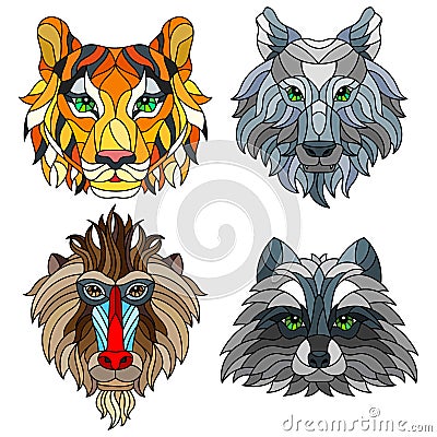 Stained glass set with animal heads, a wolf, a tiger, a monkey and a raccoon, isolates on white background Vector Illustration