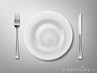 Set of Stainless steel cutlery of fork, knife and plate. realistic cutlery isolated on white background. Vector Vector Illustration