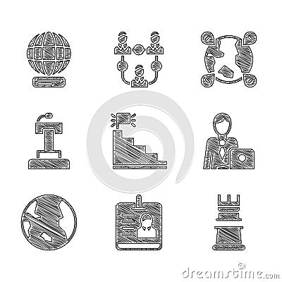 Set Stair with finish flag, Identification badge, Business strategy, Businessman, Earth globe, Stage stand or tribune Vector Illustration