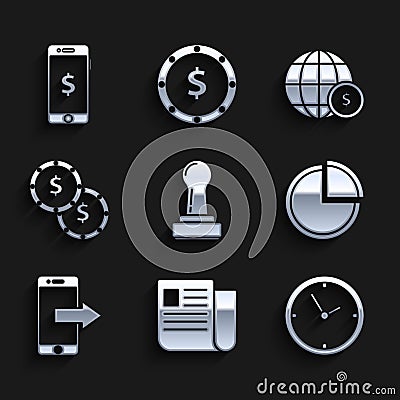 Set Stamp, File document, Clock, Pie chart infographic, Smartphone, mobile phone, Coin money with dollar symbol, Earth Vector Illustration