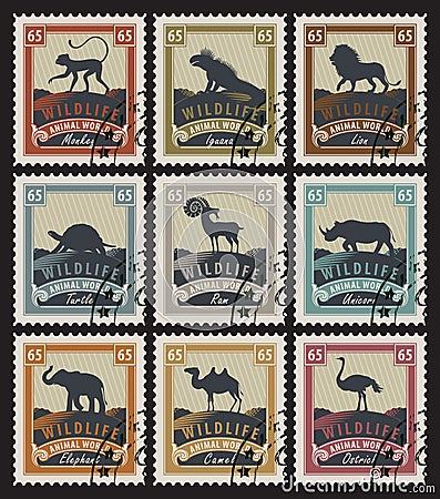 Set of stamps with different animals Vector Illustration
