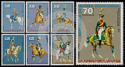 Set of stamps printed in the Equatorial Guinea shows army uniform of military Editorial Stock Photo