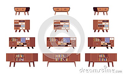 Set of standing bookshelves, credenza Vector Illustration