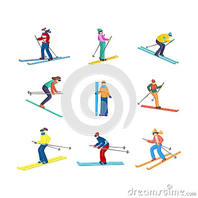 Set of standing, going straight and down skiers in different positions Stock Photo