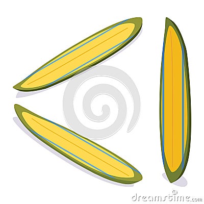 Set of standing and lying down isometric gun surfboard in yellow and green in various foreshortening views Stock Photo