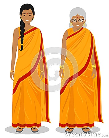 Set of standing together old and young indian woman in the traditional clothing isolated on white background in flat Vector Illustration