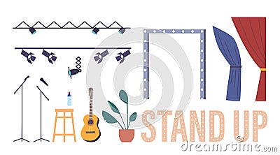 Set Of Standup Comedy Icons Depicting A Microphone, Guitar, Curtains and Spotlight for And Comedian Performance Vector Illustration