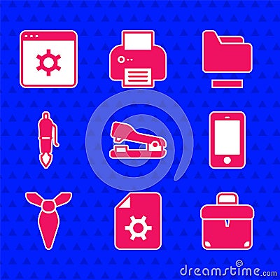 Set Stapler, Document settings, Briefcase, Mobile phone, Tie, Fountain pen nib, folder and Browser icon. Vector Vector Illustration