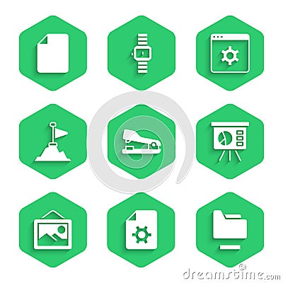 Set Stapler, Document settings, folder, Board with graph, Picture landscape, Mountains flag on top, Browser and File Stock Photo