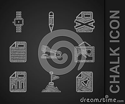 Set Stapler, Mountains with flag on top, Note paper push button, Picture landscape, Document graph chart, File document Vector Illustration