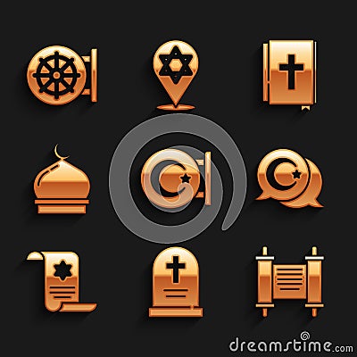 Set Star and crescent, Tombstone with cross, Decree, paper, parchment, scroll, Torah, Muslim Mosque, Holy bible book and Vector Illustration