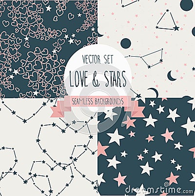 Set of starry and lovely seamless backgrounds Vector Illustration