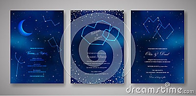 Set of Starry Night Wedding Invitation Cards, Save the Date Celestial Template of Galaxy, Space, Stars, trendy Sky Vector Illustration