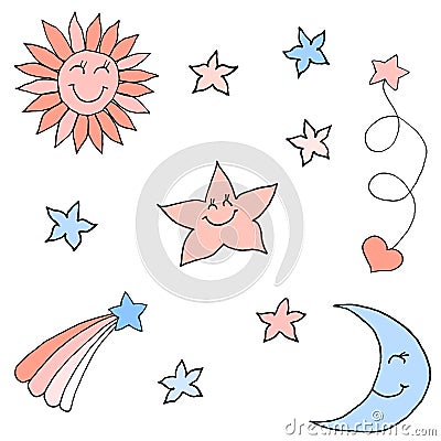 Set of stars in the sky. Colorful hand drawing sketch. Black outline on white background. Vector illustration Vector Illustration