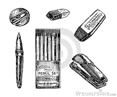 Set of stationery drawings. Hand drawn Vector illustration. Pencil sharpener, pencils, pen, eraser, textmarker and stapler doodle Vector Illustration
