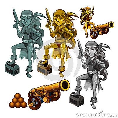 A set of statues of a girl pirate made of stone and gold isolated on a white background. A cannon with cannonballs Vector Illustration