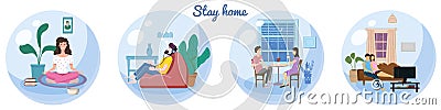 Set Stay home quarantine consept banners self isolation. Young couples and man and women sitting at home drink tea Vector Illustration