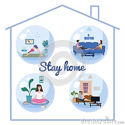 Set Stay home quarantine consept banners self isolation. Young couples and womens sitting at home drink tea coffee Vector Illustration