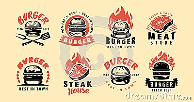 Set of steak, burger emblems with lettering. Design elements for logo, label, emblem, sign Vector Illustration