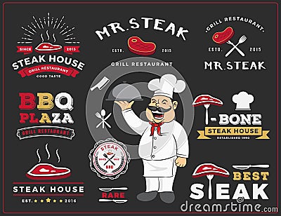 Set of steak and grill restaurant logo label design Vector Illustration