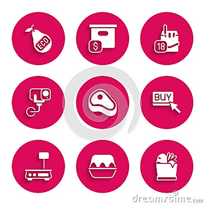 Set Steak meat, Chicken egg in box, Shopping bag and food, Buy button, Electronic scales, Security camera, Cigarettes Vector Illustration