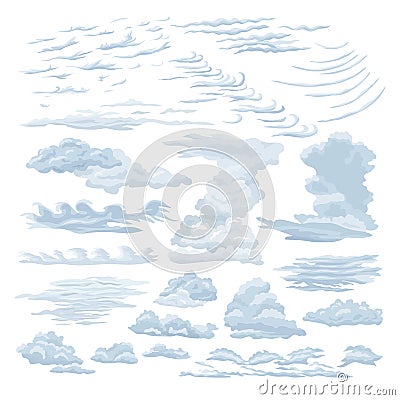 Set of steam clouds. Wavy, sparse cumulus, cirrus, layer clouds. Vector Illustration