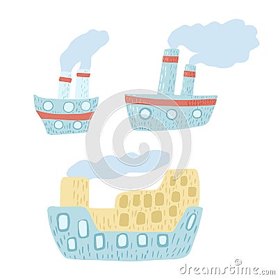 Set steamboat cute on white background. Cartoonish blue ship with steam in doodle style. Vector Illustration