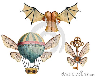 Set of steampunk elements with air balloons, wings, keys, glasses, corset. Cartoon Illustration