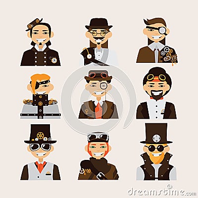 Set with steampunk men portraits. Smiling faces, clothing with gears and keys decoration. Stock Photo