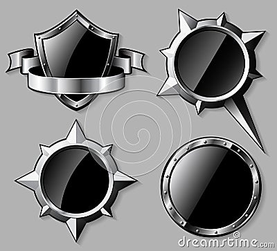 Set of steel glossy shields and compass roses Vector Illustration