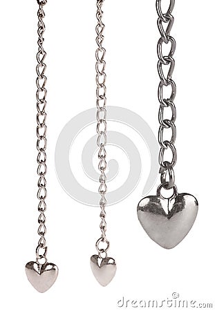 Set of steel hearts and long chains isolated on white Stock Photo