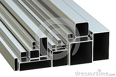 Set of steel square tubes concept, rolled metal. 3D rendering Stock Photo