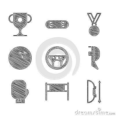 Set Steering wheel, Volleyball net, Bow and arrow quiver, Fencing helmet mask, Boxing glove, Bowling, Medal and Award Vector Illustration