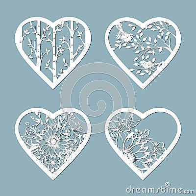 Set stencil hearts with flower. Template for interior design, invitations, etc. Image suitable for laser cutting, plotter cutting Vector Illustration