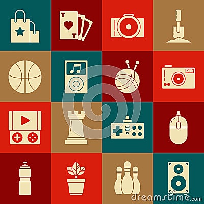 Set Stereo speaker, Computer mouse, Photo camera, Music player, Basketball ball, Paper shopping bag and Yarn with Vector Illustration