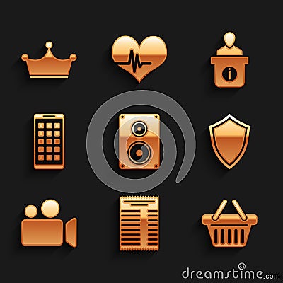 Set Stereo speaker, Paper or financial check, Shopping basket, Shield, Movie Video camera and Mobile Apps icon. Vector Vector Illustration