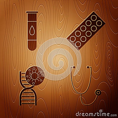 Set Stethoscope, Blood test and virus, DNA symbol and virus and Pills in blister pack on wooden background. Vector Vector Illustration
