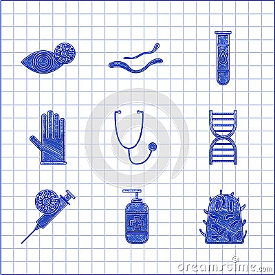 Set Stethoscope, Bottle of liquid antibacterial soap, Rabies virus, DNA symbol, Syringe and, Medical rubber gloves Vector Illustration