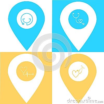 Set of stethoscope location map pin icon. Element of map point for mobile concept and web apps. Icon for website design and develo Vector Illustration