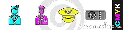 Set Stewardess, Pilot, Pilot hat and Airline ticket icon. Vector Vector Illustration