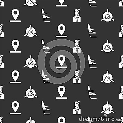 Set Stewardess, Plane propeller, Location and Airplane seat on seamless pattern. Vector Vector Illustration