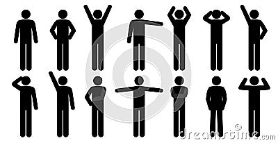 Set of stick people in different poses isolated on white background. Simple design stick figures. Black and white Icon or logo. Vector Illustration