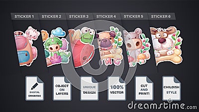 Set sticker - cat, briefcase, crocodile, alligator, worm, apple, dog, hippo, bone, Vector Illustration