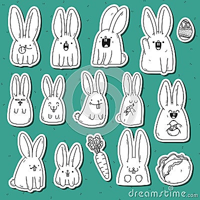Set 12 sticker rabbit doodle with different emotions. Rabbit Handmade Vector Illustration