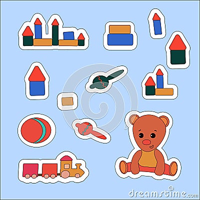 Set sticker Teddy Bear and toys. Vector illustration , label, price tag, banner, scrap note Vector Illustration