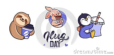 The set of stickers animals hugging food is good for hug day. The logo sloth, bunny, penguin in love Vector Illustration