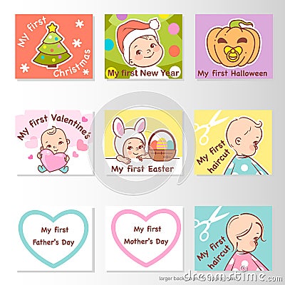 Set of stickers with baby milestones of first year Vector Illustration