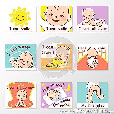 Set of stickers with baby milestones of first year Vector Illustration