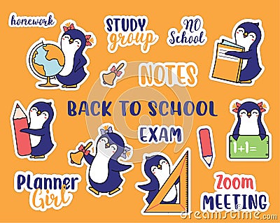 The set of stickers for Back to school. Hand-drawn collection of animals and school quotes Vector Illustration