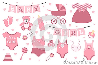 A set of stickers for the birth of a girl. Elements for designing postcards, posts, invitations Vector Illustration